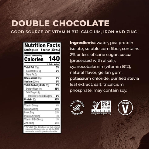 Evolve Plant Based Protein Shake, Double Chocolate, 20g Vegan Protein, Dairy Free, Non-GMO, 10g Fiber, 11 Fl Oz (Pack