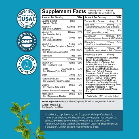 Nootropic Brain Supplement for Memory and Focus Support, 60 Ct – Vitamins for Mental Health & Clarity