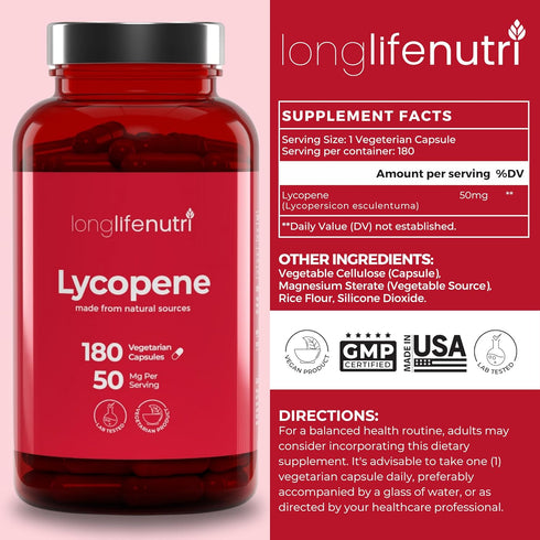 Lycopene 50mg 180 Vegetarian Capsules, Natural Tomato Extract Supplement, Non-GMO Pure Powder for Health