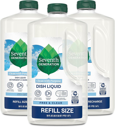 Seventh Generation Dish Liquid Soap Refill, 50 oz, Pack of 3 - Free & Clear for Sensitive Skin