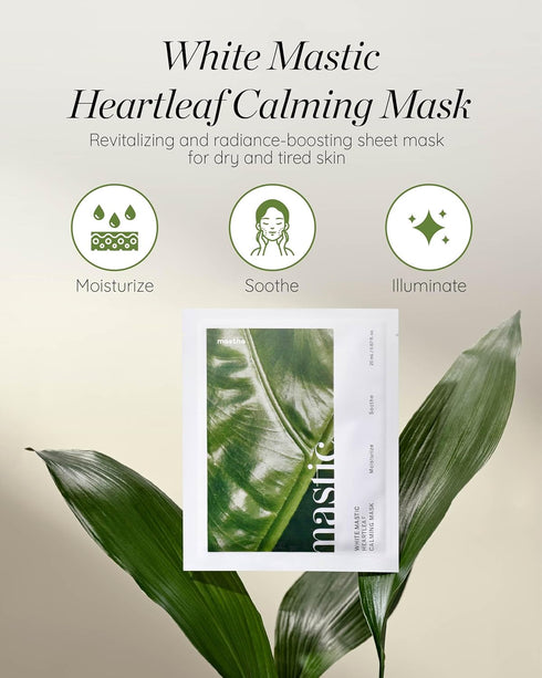 White Mastic Face Mask (Heartleaf Calming, 4 pc) - Premium Korean Skin Care for Soothing & Deep Moisturization. Sensitive, Tired Skin. White Mastic, Cica. Vegan Sheet Masks