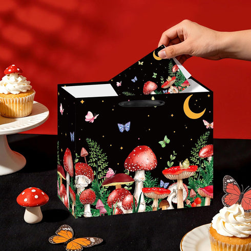 Mushroom Gift Bag with Wrapping Paper and Card, Black Mushroom Birthday Party Bags with Butterfly and Starry Night