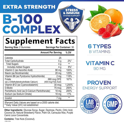 Super B Complex Gummies with Vitamin C & Folic Acid, Extra Strength Vitamin B Gummy Supplement with Niacin, B6, Folic Acid, B12, Biotin, Nature's Energy Immune Support Supplements - 60 Gummies