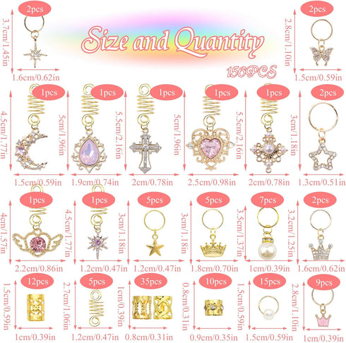 NAISKA 156Pcs Pink Crystal Loc Dreadlocks Jewelry: Gold Hair Decoration for Braids Multi Shape Crown Pearls