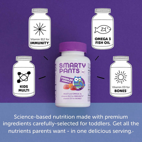 SmartyPants Toddler Multivitamin Gummies: Omega 3 Fish Oil, Vitamin D3, C, 180 Count