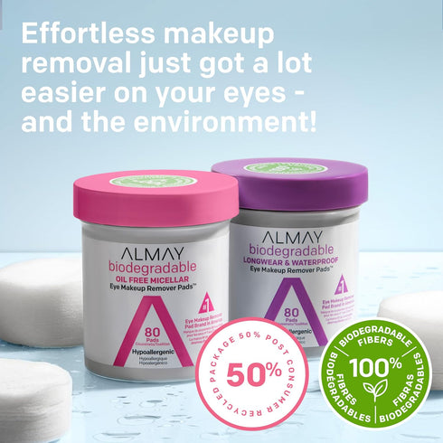 Almay Biodegradable Makeup Remover Pads, 80 Count, Longwear & Waterproof, Hypoallergenic, Fragrance-Free
