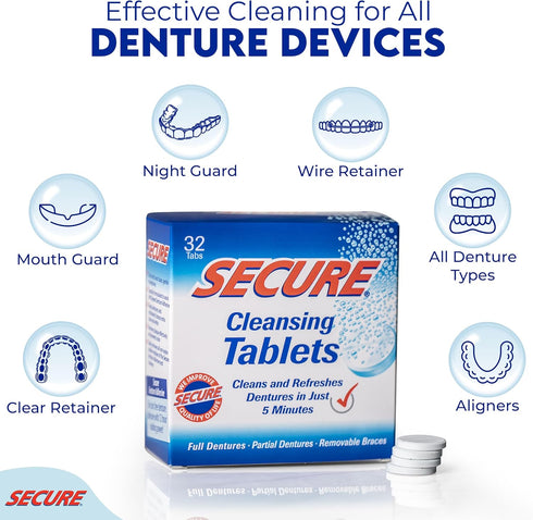Secure Daily Cleansing Tablets - pH 9 Formula for Dentures, Nightguards, Retainers & Partials - 32 Tablets (2-Pack)