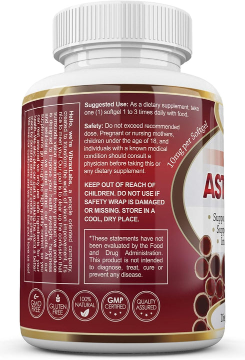 Astaxanthin 10mg Supplement - Best Pure Antioxidant from Microalgae, Helps Skin Care & Eye, Arthritic Joints, Healthy