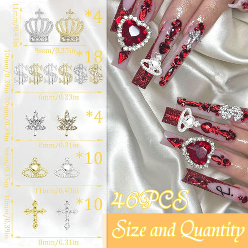 RODAKY 46PCS Dollar Nail Charms - Gold 3D Crown Nail Jewelry with Crystal Rhinestone for Luxury Nail Decoration