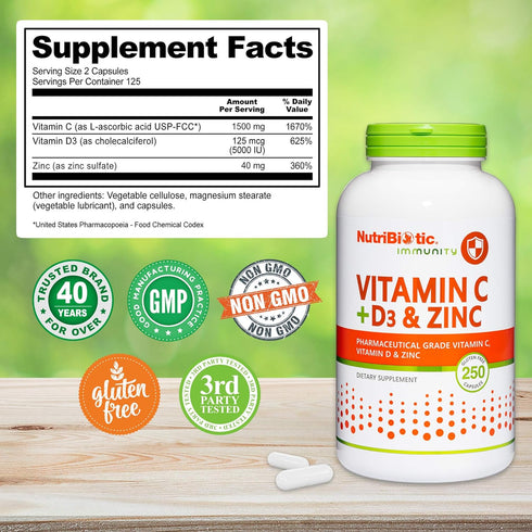 NutriBiotic – Vitamin C + Vitamin D3 & Zinc, 250 Capsules - Comprehensive Immune Support Supplement