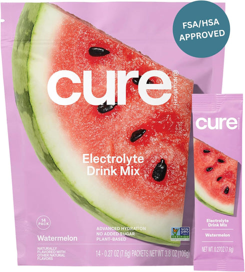 Cure Hydration Plant-Based Electrolyte Drink Mix, No Added Sugar, Coconut Water Powder, Vegan, 14 Packets - Watermelon