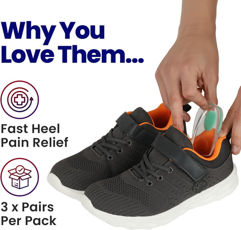 Kids Heel Cups - 3 Pairs Gel Heel Cushions for Heel Pain Relief. Gel Heel Pads Plantar Fasciitis Inserts for Achilles Tendonitis, Heel Spurs, Severs Disease Kids 2-5