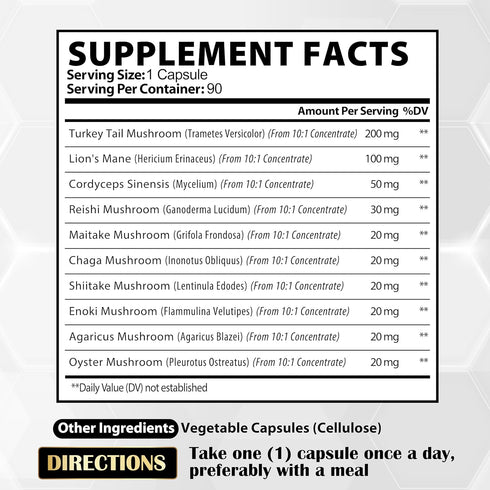Satoomi 90 Capsules - 10in1 Turkey Tail Supplement with Lions Mane, Reishi Mushroom & Others for 90 Days