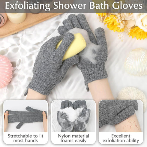 Anezus Exfoliating Back Scrubber Bath Gloves Set - Exfoliating Shower Towel with Gloves for Body Scrub (Grey)