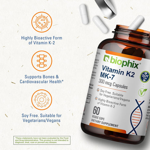 biophix Vitamin K2 MK-7 300 mcg, 60 Vcaps, High-Potency for Strong Bones and Immune Health