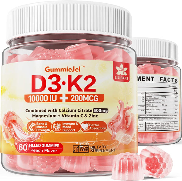Sugar-Free Vitamin D3 K2 Filled Gummies, 5000IU / 10,000 IU with Calcium, Magnesium Citrate, Vitamin C, Vegan