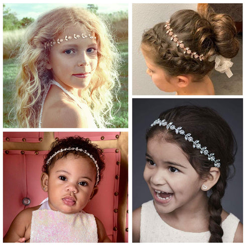 SWEETV Rose Gold Flower Girl Headband, Princess Crystal Floral Hair Accessories for Birthday