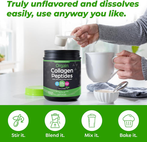 Orgain Hydrolyzed Collagen Peptides Powder 20g Grass Fed Collagen, Unflavored, 1lb - Hair, Skin, Nail & Joint Support