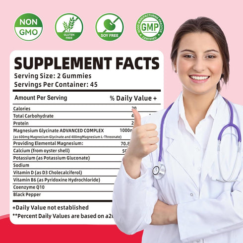 90 CT Magnesium Glycinate Gummies 1000mg - Sugar Free Supplement with Vitamin D, B6, CoQ10 for Calm Mood