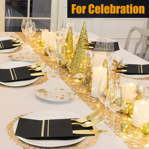 25 Set Plastic Silverware with Napkins, Wrapped Disposable Cutlery Set for Dinner Party Wedding, Black Gold