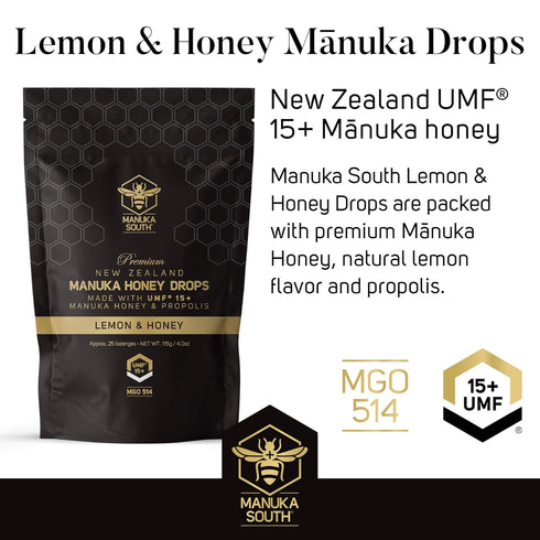 Manuka Honey Drops UMF 15+ / MGO 514+ & Propolis Drops, Natural Ingredients, Soothing Lemon & Honey Flavor - 25 Drops