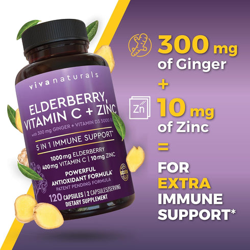 Viva Naturals Elderberry with Vitamin C and Zinc for Adults - 5 in 1 Sambucus Black Elderberry Capsules with Vitamin D3