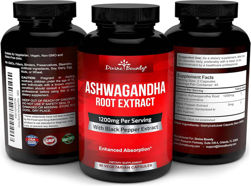 Divine Bounty Organic Ashwagandha Capsules, 1200mg with Black Pepper, 90 Veggie Capsules for Mood Support