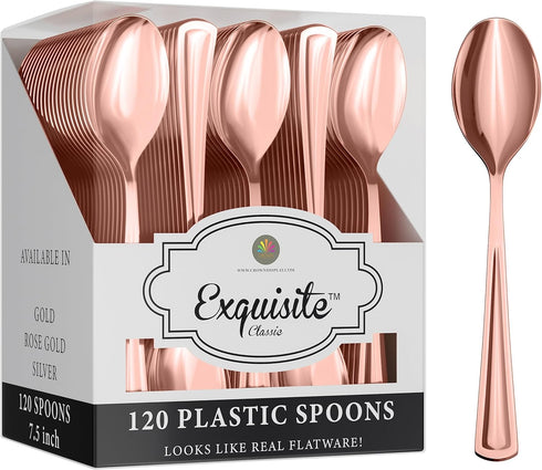 120 Pack Heavy Duty Rose Gold Plastic Spoons - Disposable Silverware for Catering, Parties, Weddings