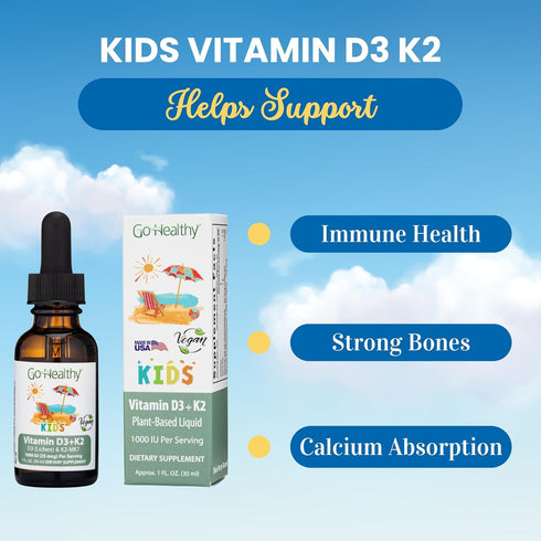Go Healthy Kids Vitamins D3 K2 (MK-7), Liquid Vegan Drops for Children's Growth & Immune Support, 30 Servings