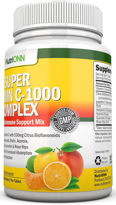 Super Vitamin C Complex - 1695Mg - 180 Tablets - with 530 mg Natural Citrus Bioflavonoids, Rose Hips, Rutin, Quercetin