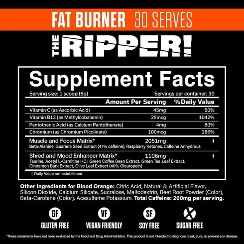 JNX SPORTS The Ripper! Shredding Thermogenic Fat Burner - Blood Orange 30 Servings, Advanced Fast Acting Pre-Workout