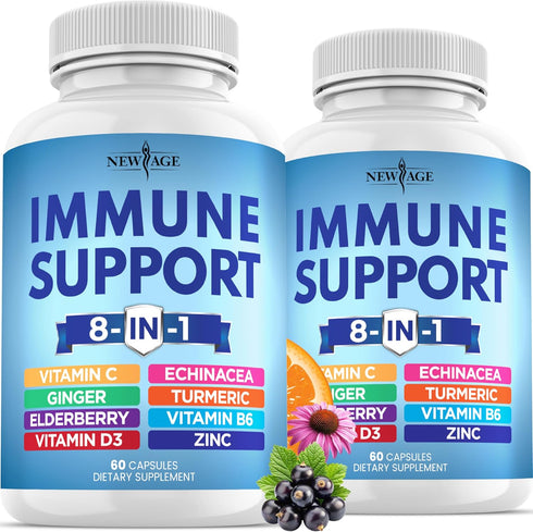 NEW AGE 8 in 1 Immune Support Booster Supplement, Echinacea, Vitamin C, Zinc, Vitamin D, Turmeric, Elderberry, 120 Count