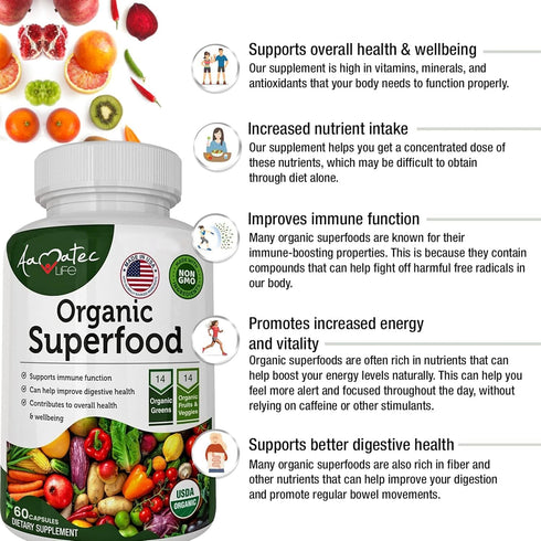 Organic Superfood Greens Fruits and Veggies Complex - Dietary Supplement with 14 Greens & 14 Fruits, Non-GMO
