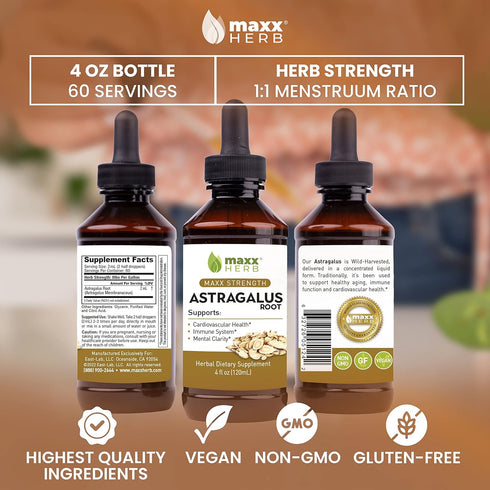 Immune 4 Oz (60 Maxx Herb Astragalus Root Extract - Max Strength Liquid Tincture Absorbs Better Than Capsules