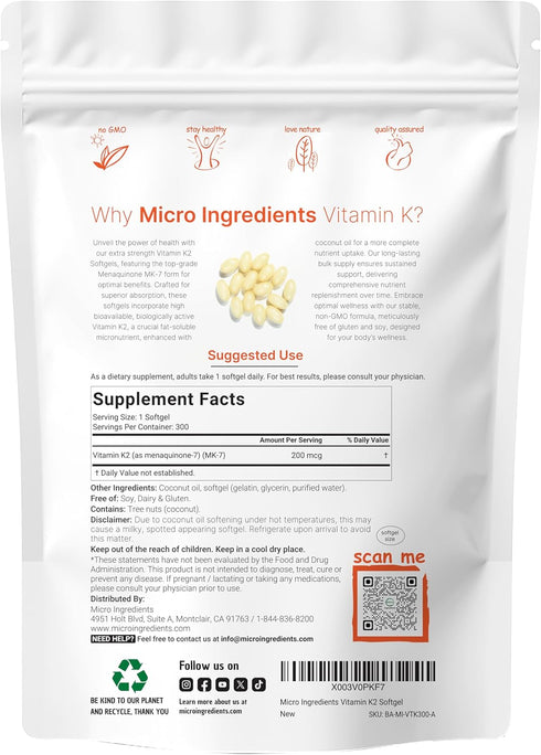 Micro Ingredients Vitamin K2 MK-7 Supplement - 200 mcg Per Serving, 300 Coconut Oil Softgels for Immune Support