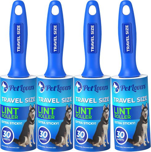 PetLovers Mini Lint Rollers for Travel 4 Pack - Small Lint Removers for Pet Hair and Debris Pickup