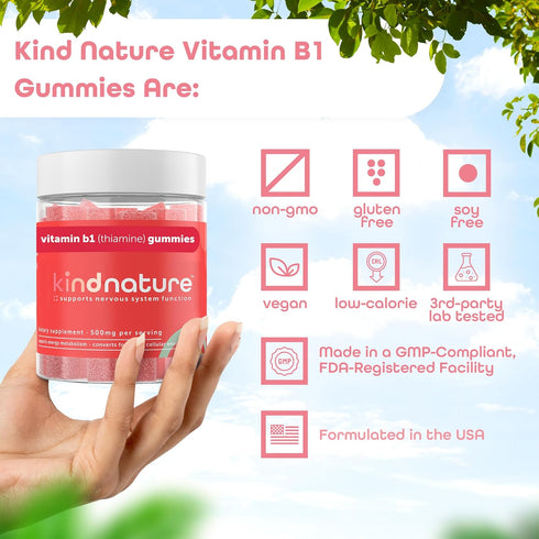 Kind Nature Vitamin B1 Gummies, Chewable Thiamine 500mg per Serving, Non-GMO, Vegan, Natural Strawberry Flavor