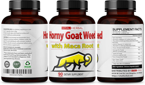 VITAL HERBAL Horny Goat Weed Capsules, Equivalent to 8250mg, Maximum Strength with Maca Root, 90 Count