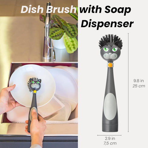 Vigar Felix Cat-Shaped Soap Dispensing Dish Brush, Dish Brush with Soap Dispenser for Pot Scrubber, Dishes, Sink
