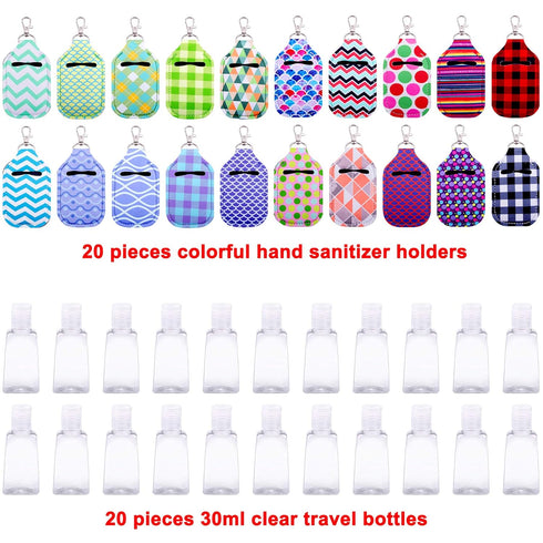 Duufin 40 Pieces Keychain Set with 20 Hand Sanitizer Holder Keychains and 20 Reusable Flip Cap Travel Bottles