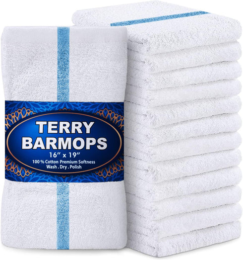 GREEN LIFESTYLE Blue Stripe Terry Kitchen Bar Mops, 28 Oz, 16 x 19 inches, Highly Absorbent, Ultra-Light, Durable, Pack
