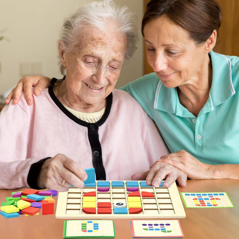 PHIELEY 80 Activities for Dementia Patients, Tiles Wooden Puzzle Games for Seniors, Colorful Shape Pattern Alzheimers