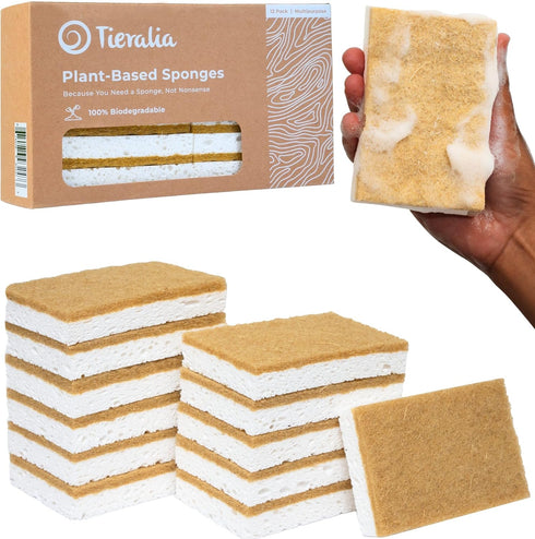 Tieralia Natural Dish Sponge Set 12-Pack Eco-Friendly & Compostable Scrubbers | Cellulose