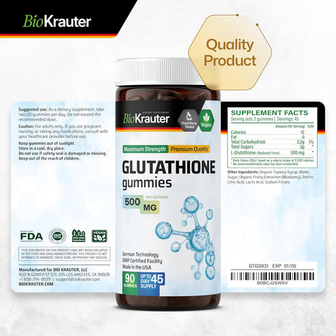 L-Glutathione Gummies 500 mg, Organic Reduced Glutathione Supplement for Liver Detox, Immune and Skin Support, 90 Vegan