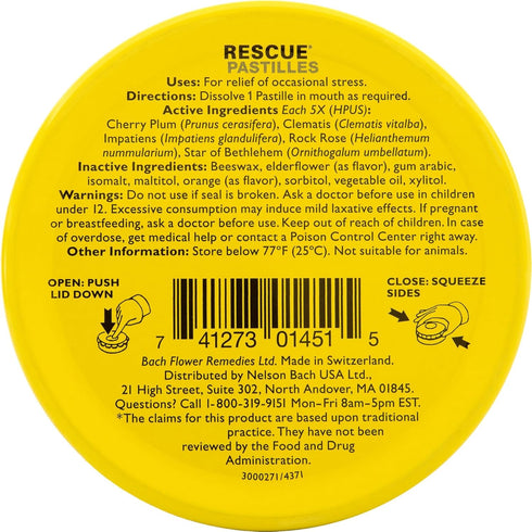 Bach RESCUE PASTILLES, Orange and Elderflower Flavor, Natural Stress Relief Lozenges, Homeopathic Flower Essence, Vegetarian, Gluten & Sugar-Free, Holiday Stocking Stuffer, 35 Count