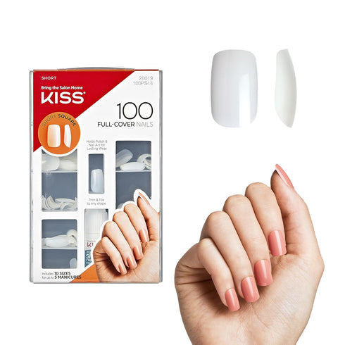 KISS Press On Nails, Full-Cover, Short Square, Clear, Squoval Shape, 100 Nails & 3g Glue Included