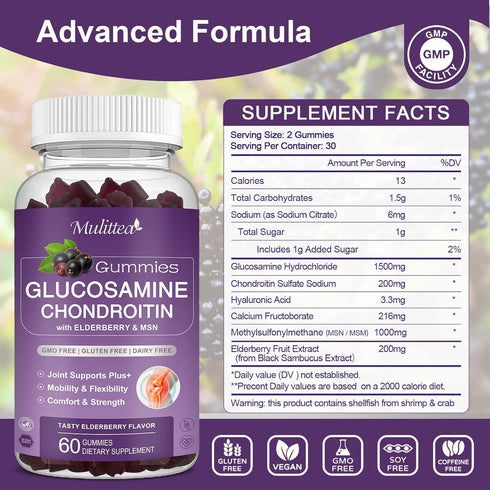 Glucosamine Chondroitin Gummies - Extra Strength Joint Support Supplement with MSM & Elderberry for Natural Joint, Antioxidant Immune Support for Adults, Men & Women-(2 Pack)
