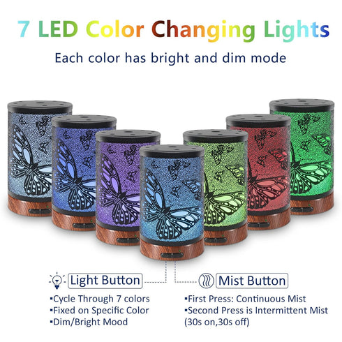 EQUSUPRO Essential Oil Diffuser 150ml Metal Aromatherapy Oil Diffuser Ultrasonic Cool Mist Diffuser with Auto Shut-Off Protection,7 Colors Changed LED for Home Office SPA Yoga (Butterfly)