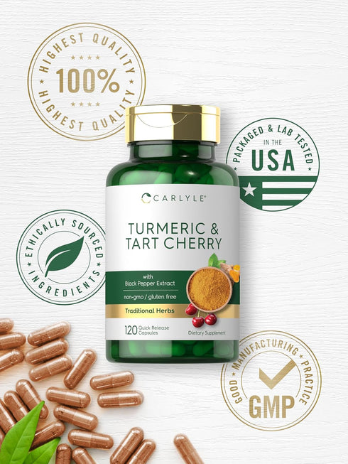 Carlyle Turmeric and Tart Cherry Capsules | 120 Count | Vegetarian, Non-GMO Supplement with Bioperine
