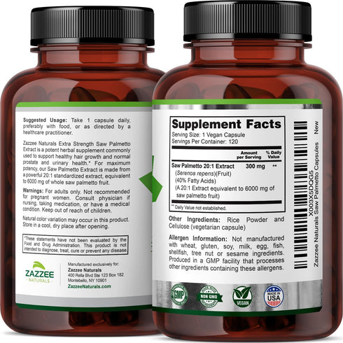 Zazzee Extra Strength Saw Palmetto 6000 mg Extract, 120 Vegan Capsules, 40% Fatty Acids, Non-GMO, Made in the USA